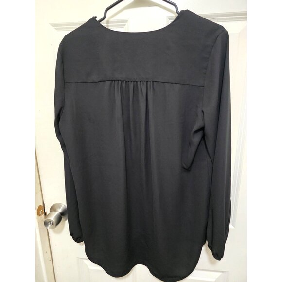 Joe Fresh Womens Black Long-Sleeve Blouse M With Tie Neck & Elastic Cuffs - Picture 3 of 8